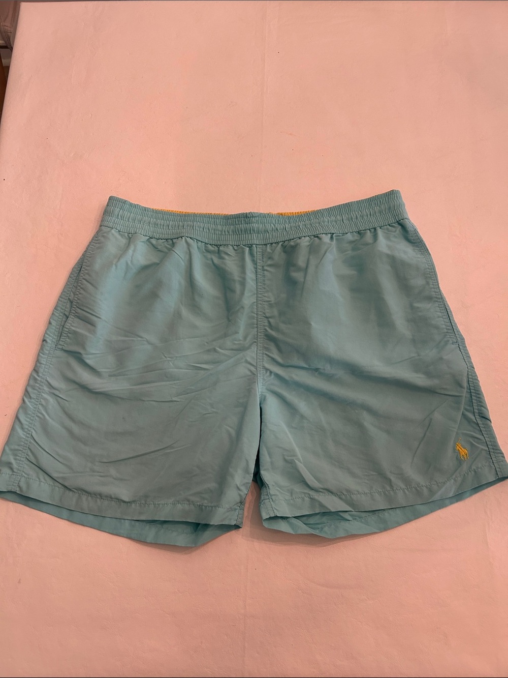 Ralph Lauren Light Blue Swim Trunks with Yellow Waistband